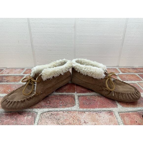 Moccassin Slippers Women Size 7‎ Suede w/ Sherpa Lined Booties Tan Ankle Booties - Picture 12 of 13